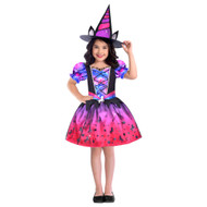 Girls Purple & Pink Satiny Unicorn Witch Dress & Hat Halloween Costume