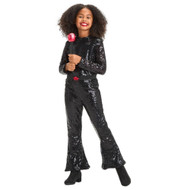Girls Pop Star Glam Black Sequin Jumpsuit & Microphone Halloween Costume