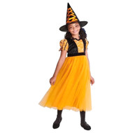 Girls Orange & Black Fancy Witch Dress & Hat Halloween Costume