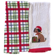 Christmas Plaid Santa Puppy Dog Kitchen Towel Set, 2 Terry Dish Towels