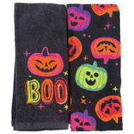 Halloween Pumpkins Kitchen Towel Set, 2 Black & Neon Terrycloth Dish Towels