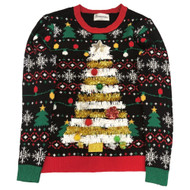 Womens Black & Gold Tinsel Christmas Tree Holiday Sweater