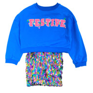 Girls 2 Piece Blue Pink Sequin Festive Holiday Tank Dress With Sweatshirt