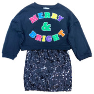 Girls 2 Piece Black Sequin Merry & Bright Holiday Tank Dress With Sweatshirt