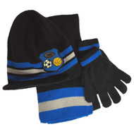 Boys 3PC Beanie Scarf & Gloves Set Blue Striped Knit Winter Stocking Cap Hat