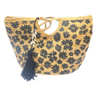 Women's Large Black Floral Jute Summer Tote Overnight Bag Handbag