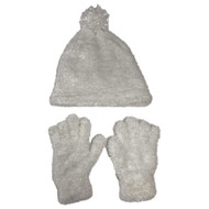Girls Fuzzy White Plush Hat & Gloves Beanie Set
