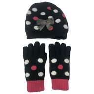 Jumping Beans Girls 2 Piece Beanie Hat & Gloves Set Black Polka Dot Bows