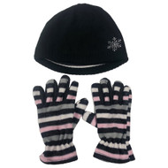 Girls Reversible Black Fleece Stripe & Snowflake Theme Beanie Hat & Gloves Set