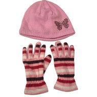 Girls Reversible Pink Fleece Stripe & Butterfly Theme Beanie Hat & Gloves Set