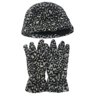 Girls Reversible Gray Fleece Leopard print Beanie Hat & Gloves Set