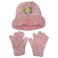 Disney Girls Fuzzy Pink Tinkerbell Fairies Beanie Stocking Cap Hat & Gloves Set