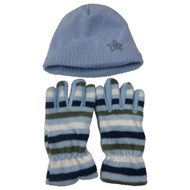Girls Reversible Blue Fleece Stripe & Star Theme Beanie Hat & Gloves Set
