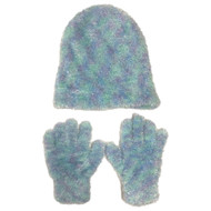 Girls Fuzzy Blue & Green Plush Hat & Gloves Beanie Set