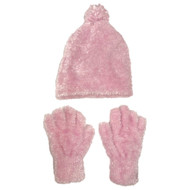 Girls Fuzzy Pink Plush Hat & Gloves Beanie Set