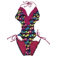 Womens Rainbow Heart Rufflle Monokini 1 Piece Swim Suit Swimming