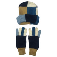 Womens Blue & Brown Color-Block Beanie Stocking Cap Hat & Gloves Set