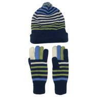 Womens Blue & Green Striped Beanie Stocking Cap Hat & Gloves Set