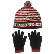 Womens Red & Black Zigzag Stripe Beanie Stocking Cap Hat & Gloves Set