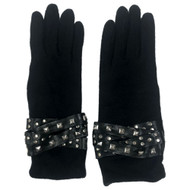 Womens Sleek Soft Black Studded Leather Trim Gloves Biker Look