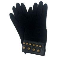 Womens Sleek Soft Black & Gold Round Studded Leather Trim Gloves