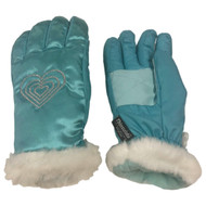 Girls Shiny Blue Heart Print Performance Ski & Snow Winter Gloves