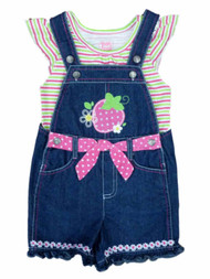 Young Hearts Girls 2 Piece Outfit Striped Shirt & Strawberry Denim Shortalls