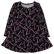 Girls Black Candy Cane Print Long Sleeve Christmas Holiday Dress XS 4