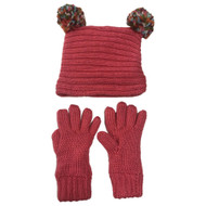 Girls Pink Sparkle Knit Beanie Hat & Gloves Set Fleece Lined