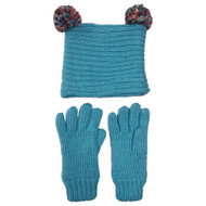 Girls Blue Sparkle Knit Beanie Hat & Gloves Set Fleece Lined