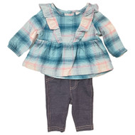 Toddler & Infant Girls Outfit Blue Plaid Print Blouse Shirt & Legging Pants Set