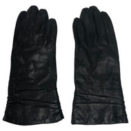 Womens Sleek Ruched Black Leather Gloves Lightweight Insulation