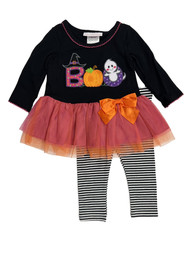 Infant Girls Black & Pink Boo Halloween Tutu Dress Shirt & Striped Leggings