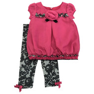 Infant Girls Silky Pink & Black Lace Baby Outfit Shirt & Pants Set