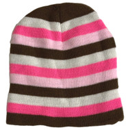 Girls Pink Brown & White Striped Knit Beanie Stocking Cap Hat