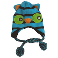 Girls Blue & Black Striped Knit Owl Trapper Hat Fleece Lined