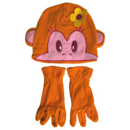 Girls Orange & Pink Fleece Monkey Beanie Hat & Gloves Set