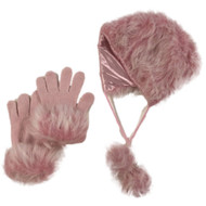 Girls Plush Fuzzy Pink Trapper Hat & Gloves Set