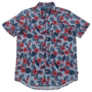 Chaps Mens Blue & Red Floral Print Short Sleeve Shirt Button Front