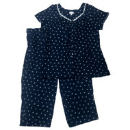 Aria Womens Navy Blue Leaf Print Pajamas Top & Capris Sleep Set 3X