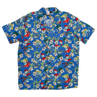 The Smurfs Mens Royal Blue Tropical Pattern Short Sleeve Rayon Shirt