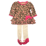 Infant Girls Pink & Brown Leopard Print Baby Outfit Flutter Dress & Tights Set