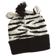 Girls Black & White Knit Zebra Stripe Beanie Stocking Cap Hat