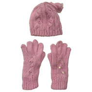 Girls Pink Sequin Cable Knit Beanie & Gloves Set