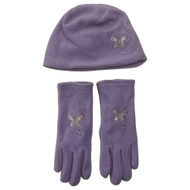 Girls Purple Fleece Butterfly Theme Beanie & Gloves Set