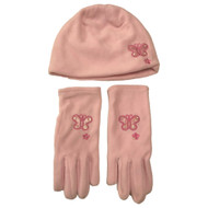 Girls Pink Fleece Butterfly Theme Beanie & Gloves Set