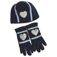 Girls Blue & Sliver Fleece Heart Theme Beanie & Gloves Set
