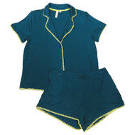 Womens Teal & Green Pajamas Button Front Top & Shorts Sleep Set Small