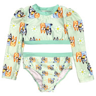 Bluey Bingo Toddler Girls 2pc Long Sleeve Green Bikini Swimsuit Swimming