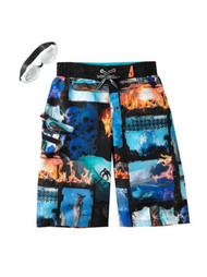 Zero Xposur Boys Surfs Up Board Shorts Graphic Swim Trunks & Goggles Set
